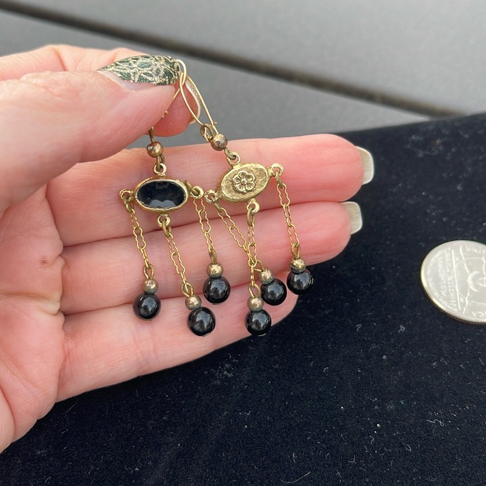 Vintage long gold tone & black hanging earrings